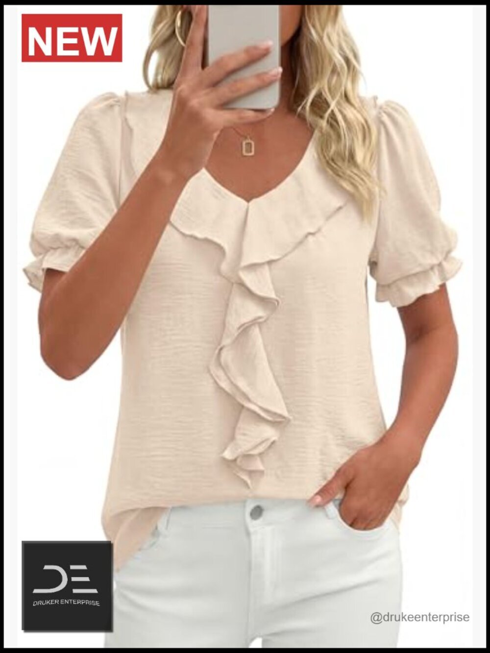 V Neck Ruffle Top, Puff Sleeve Blouse, Short Sleeve, Lightweight - Picture 4 of 7